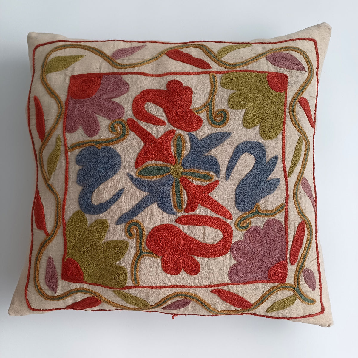 Hand Embroidered Multicolour Uzbek Suzani Cushion Cover 16''x15'' / 41x39 CM