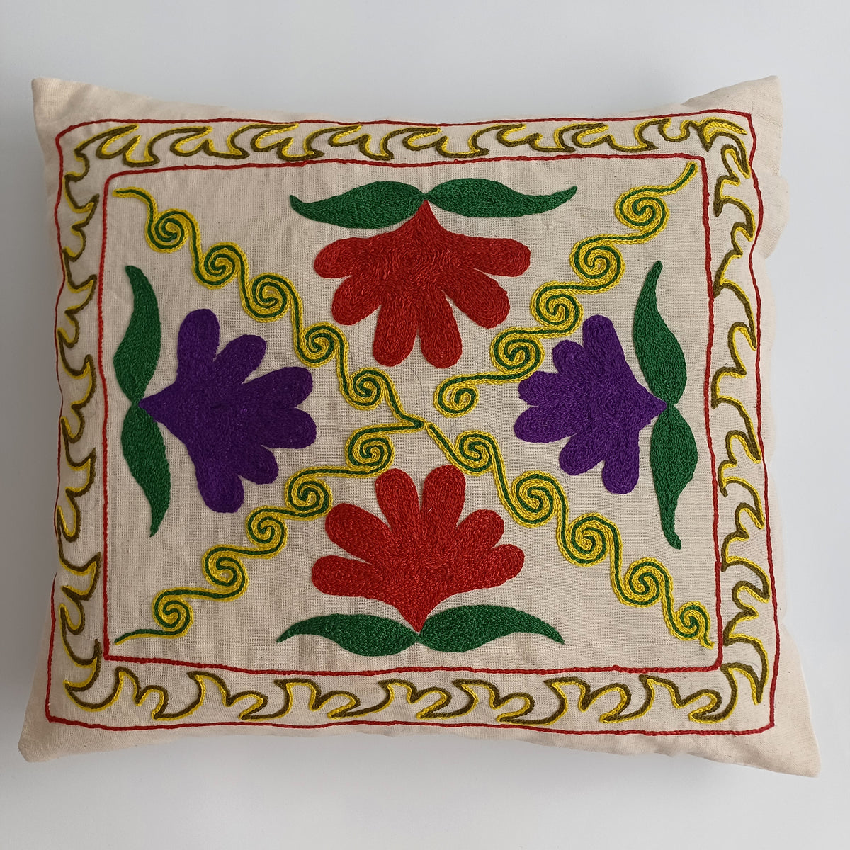 Hand Embroidered Multicolour Uzbek Suzani Cushion Cover 19''x16'' / 48x42 CM