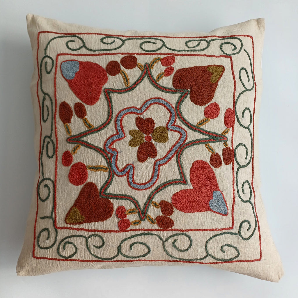 Hand Embroidered Multicolour Uzbek Suzani Cushion Cover 17''x16'' / 43x42 CM