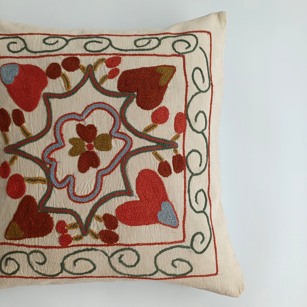 Hand Embroidered Multicolour Uzbek Suzani Cushion Cover 17''x16'' / 43x42 CM