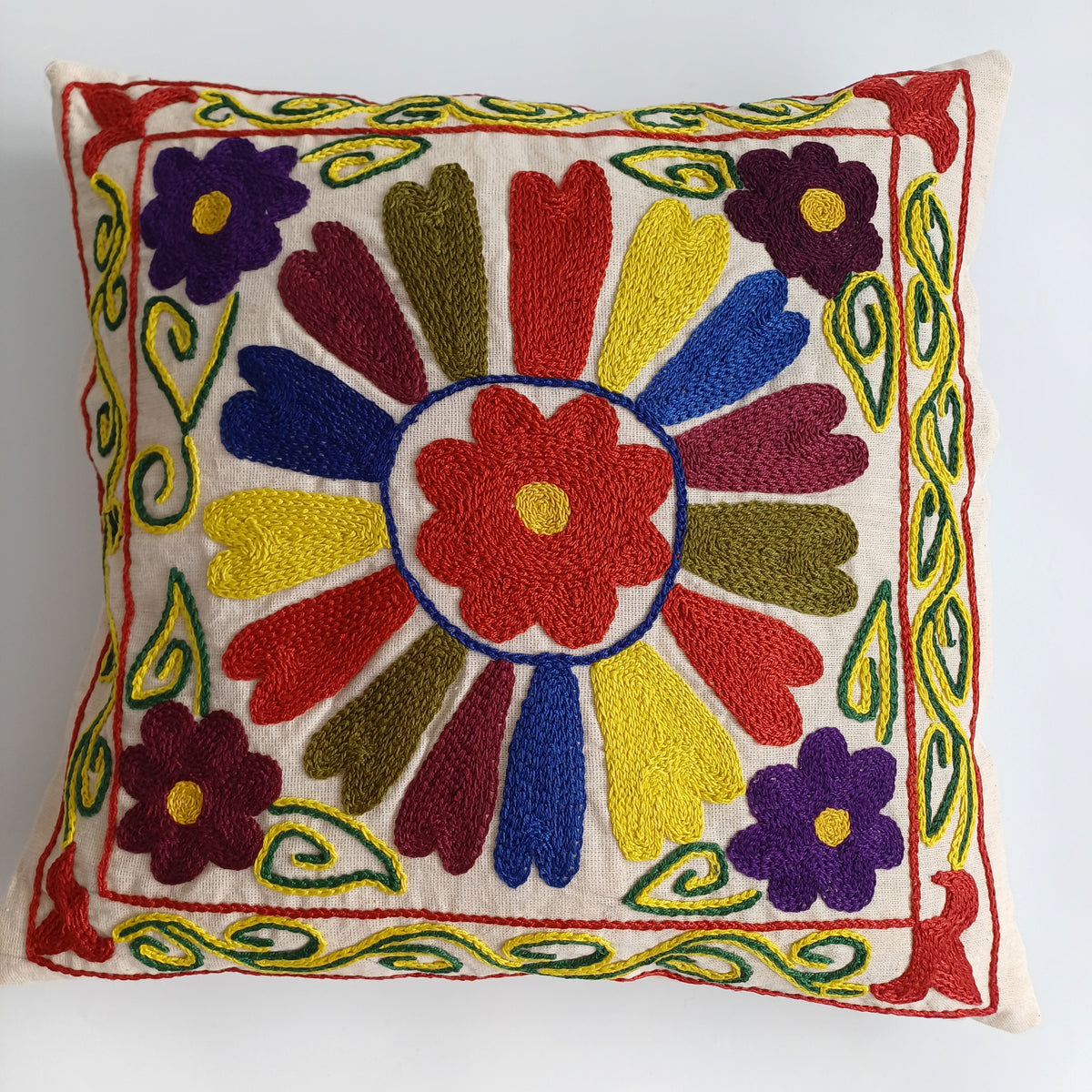 Hand Embroidered Multicolour Uzbek Suzani Cushion Cover 17''x16'' / 44x43 CM