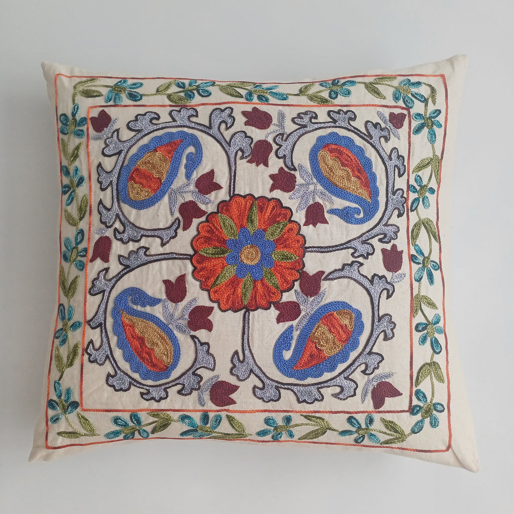Hand Embroidered Multicolour Uzbek Suzani Cushion Cover 19''x18'' / 48x46 CM