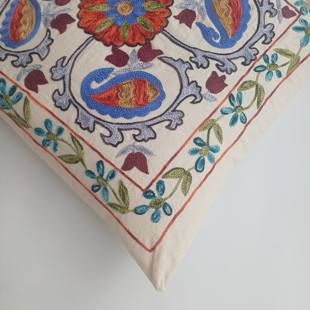 Hand Embroidered Multicolour Uzbek Suzani Cushion Cover 19''x18'' / 48x46 CM