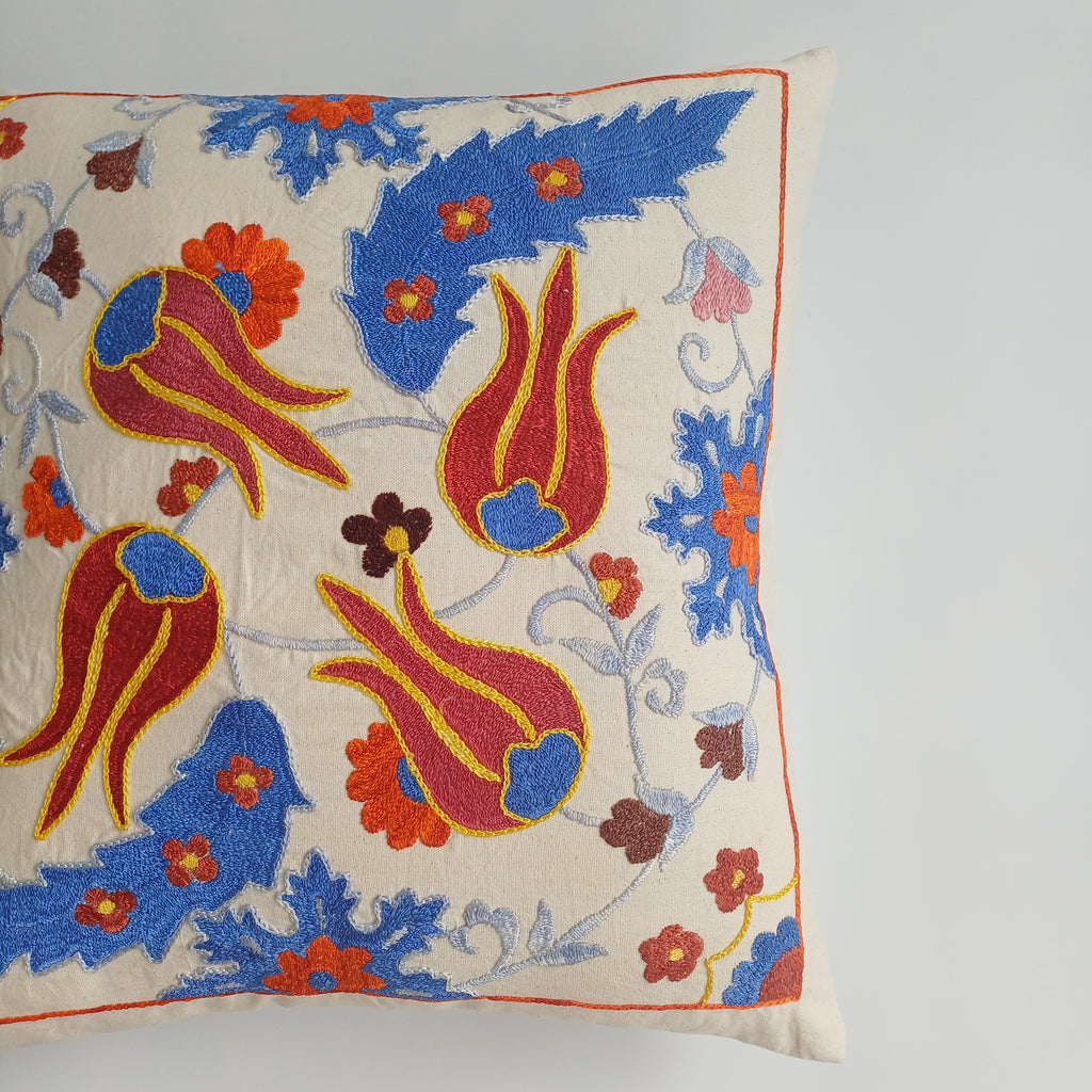 Hand Embroidered Tulip Multicolour Uzbek Suzani Cushion Cover 17''x17'' / 45x44 CM