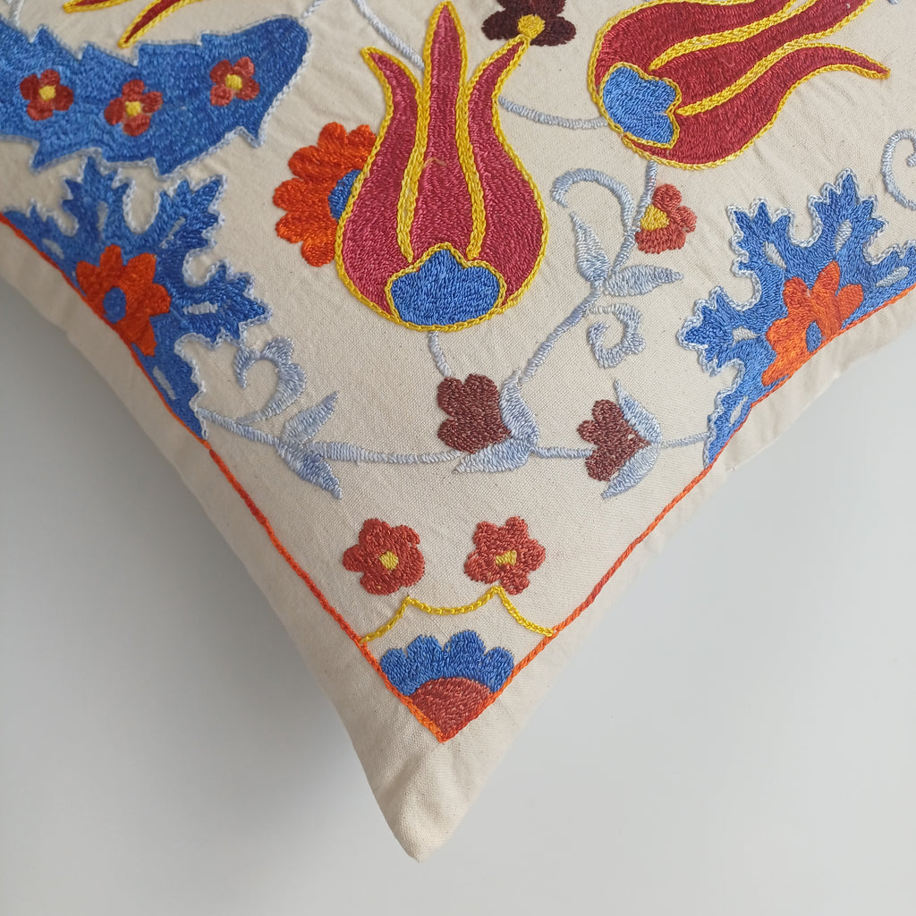 Hand Embroidered Tulip Multicolour Uzbek Suzani Cushion Cover 17''x17'' / 45x44 CM