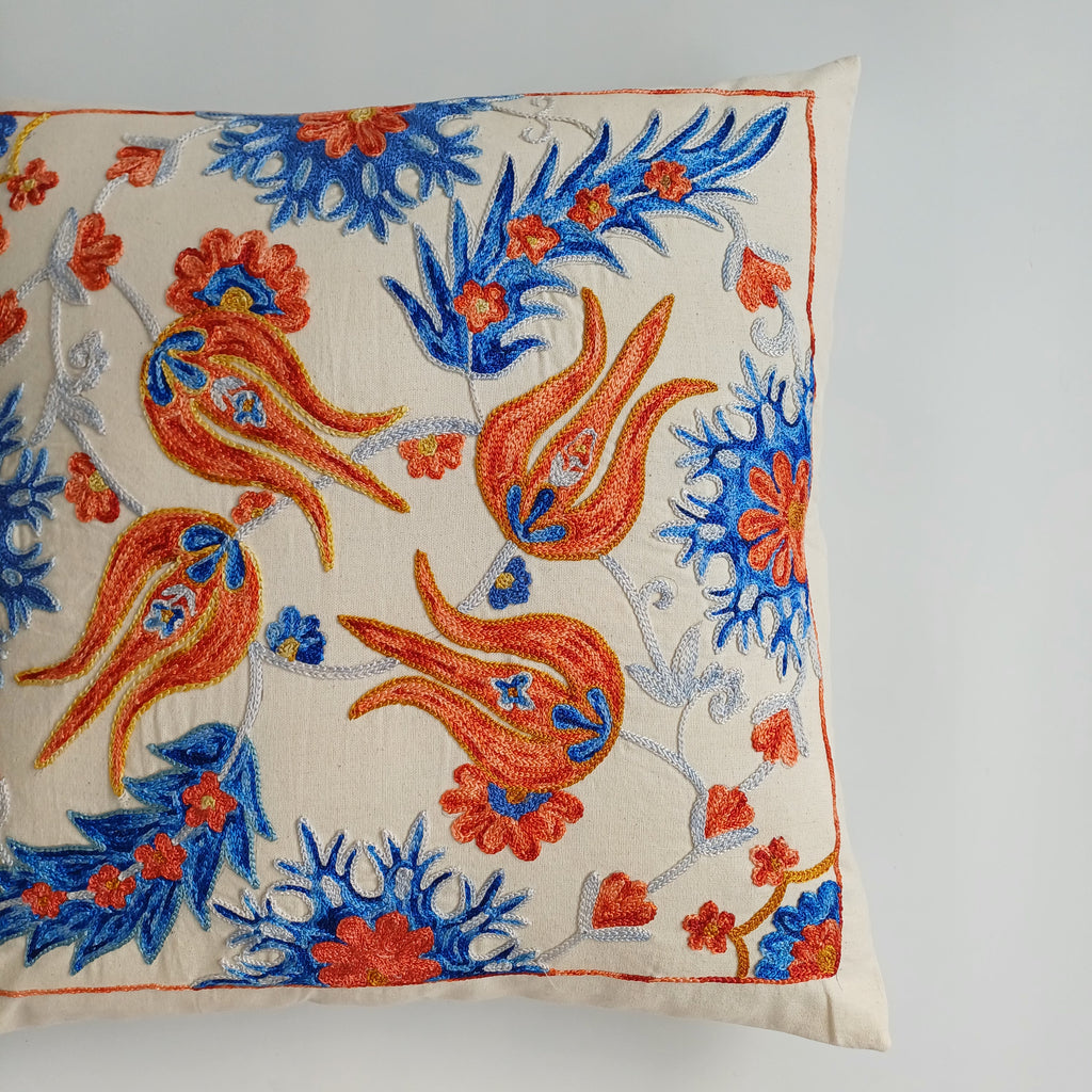 Hand Embroidered Tulip Multicolour Uzbek Suzani Cushion Cover 18''x18'' / 46x46 CM