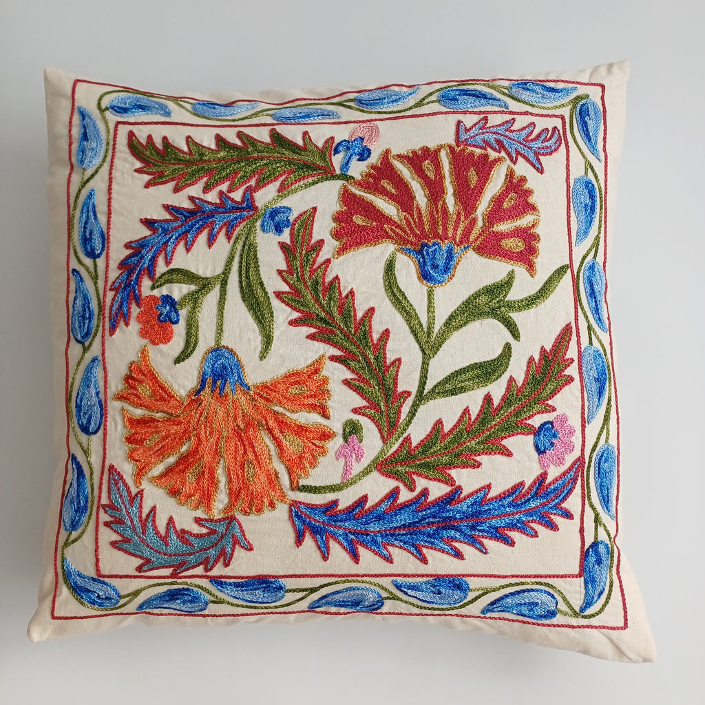 Hand Embroidered Carnation Multicolour Uzbek Suzani Cushion Cover 18.5''x18.5'' / 47x47 CM