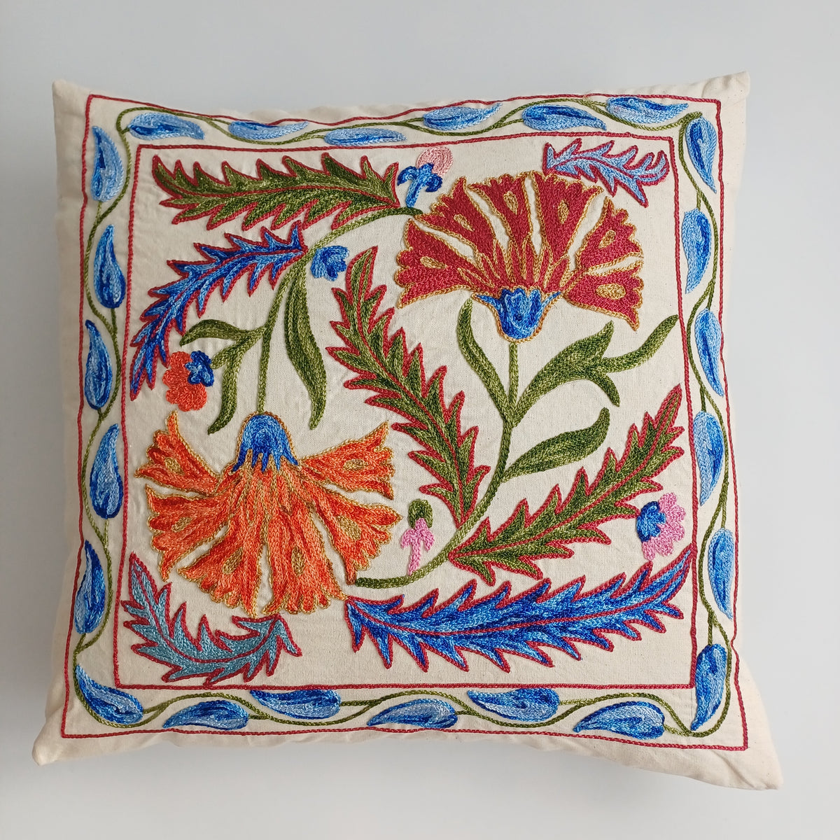 Hand Embroidered Carnation Multicolour Uzbek Suzani Cushion Cover 18.5''x18.5'' / 47x47 CM
