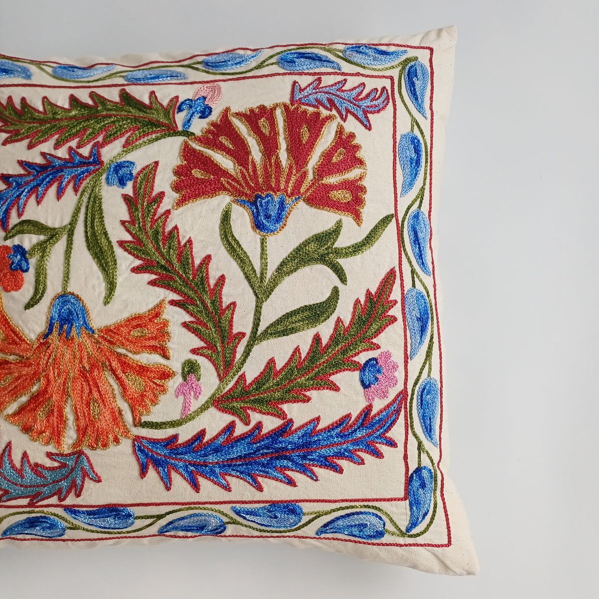Hand Embroidered Carnation Multicolour Uzbek Suzani Cushion Cover 18.5''x18.5'' / 47x47 CM