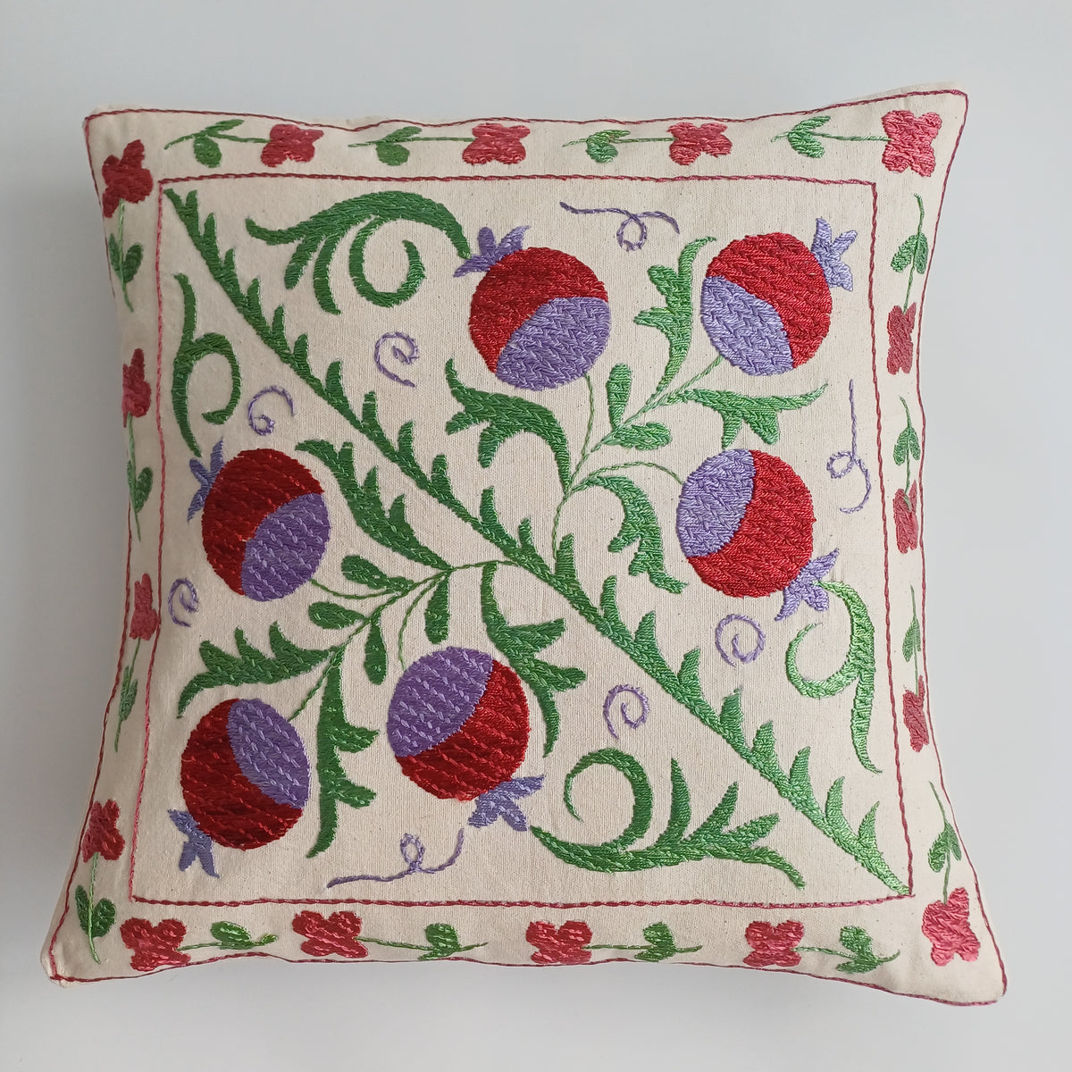 Hand Embroidered Pomegranate Multicolour Uzbek Suzani Cushion Cover 17''x17'' / 43x43 CM
