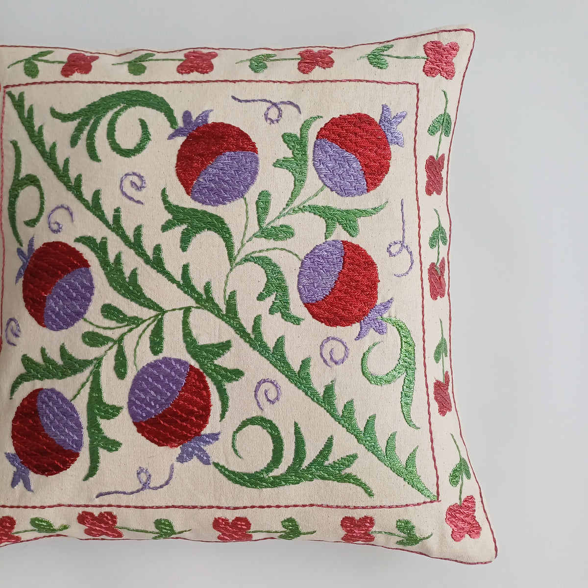 Hand Embroidered Pomegranate Multicolour Uzbek Suzani Cushion Cover 17''x17'' / 43x43 CM