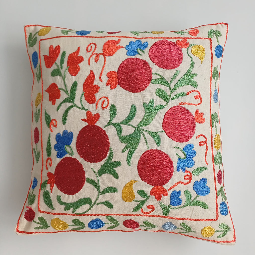 Hand Embroidered Pomegranate Multicolour Uzbek Suzani Cushion Cover 17''x17'' / 43x43 CM