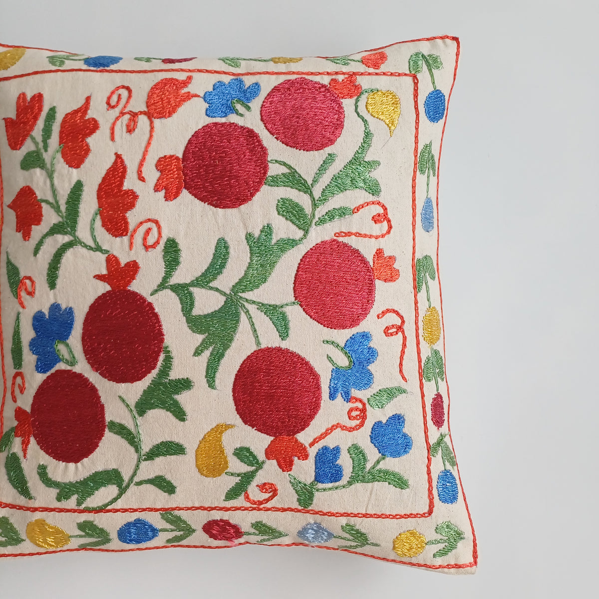 Hand Embroidered Pomegranate Multicolour Uzbek Suzani Cushion Cover 17''x17'' / 43x43 CM