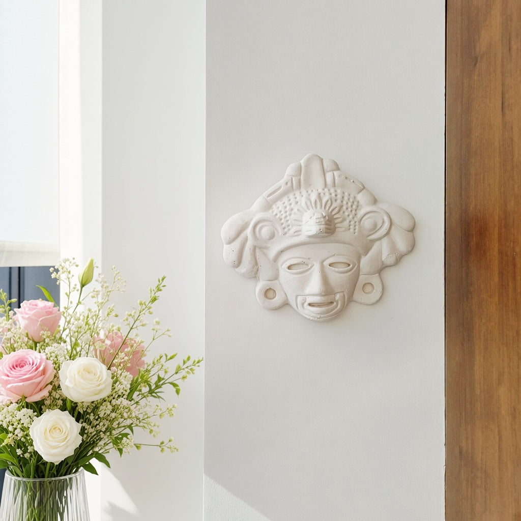 Maya Deity Textured White Wall Hanging Mask Plaque 23x19 CM