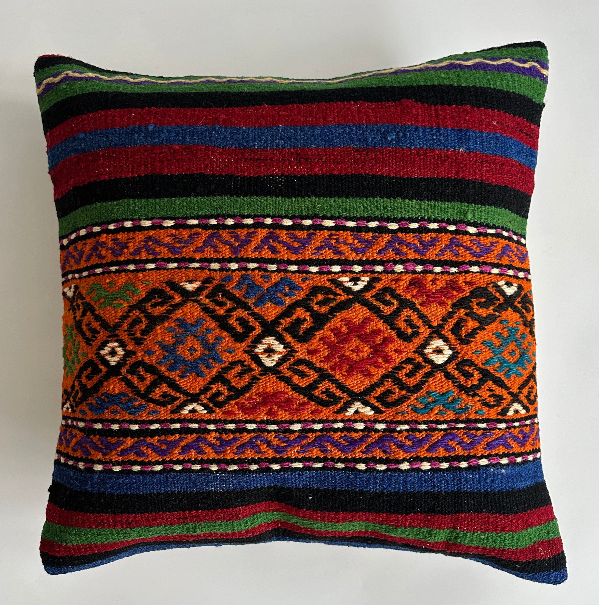 Handmade Multicolour Striped Turkish Rug Cushion Cover 18''x18'' / 44x44 CM