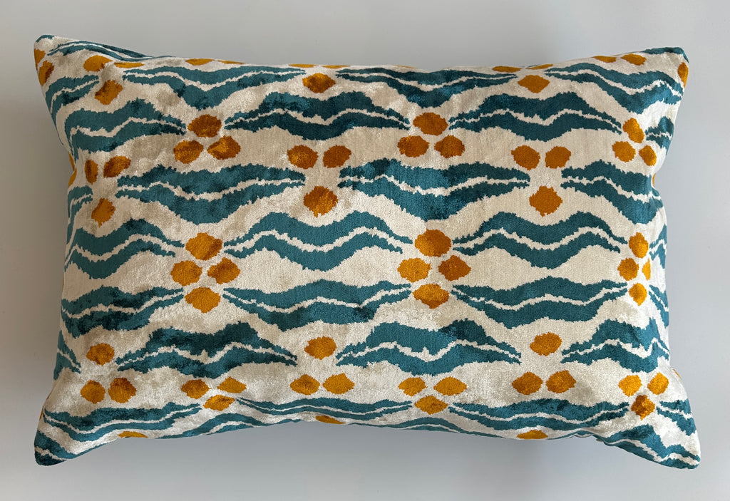 Chintamani Turquoise Silk Velvet Cushion Cover 24''x16'' / 60x40 CM