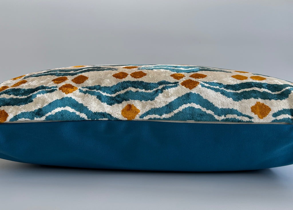 Chintamani Turquoise Silk Velvet Cushion Cover 24''x16'' / 60x40 CM