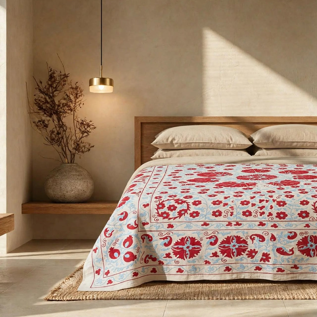 Uzbek Silk Suzani Tapestry,  Hand Embroidered Wall Hanging, Suzani Bedspread, Suzani Tablecloth 254x194 CM