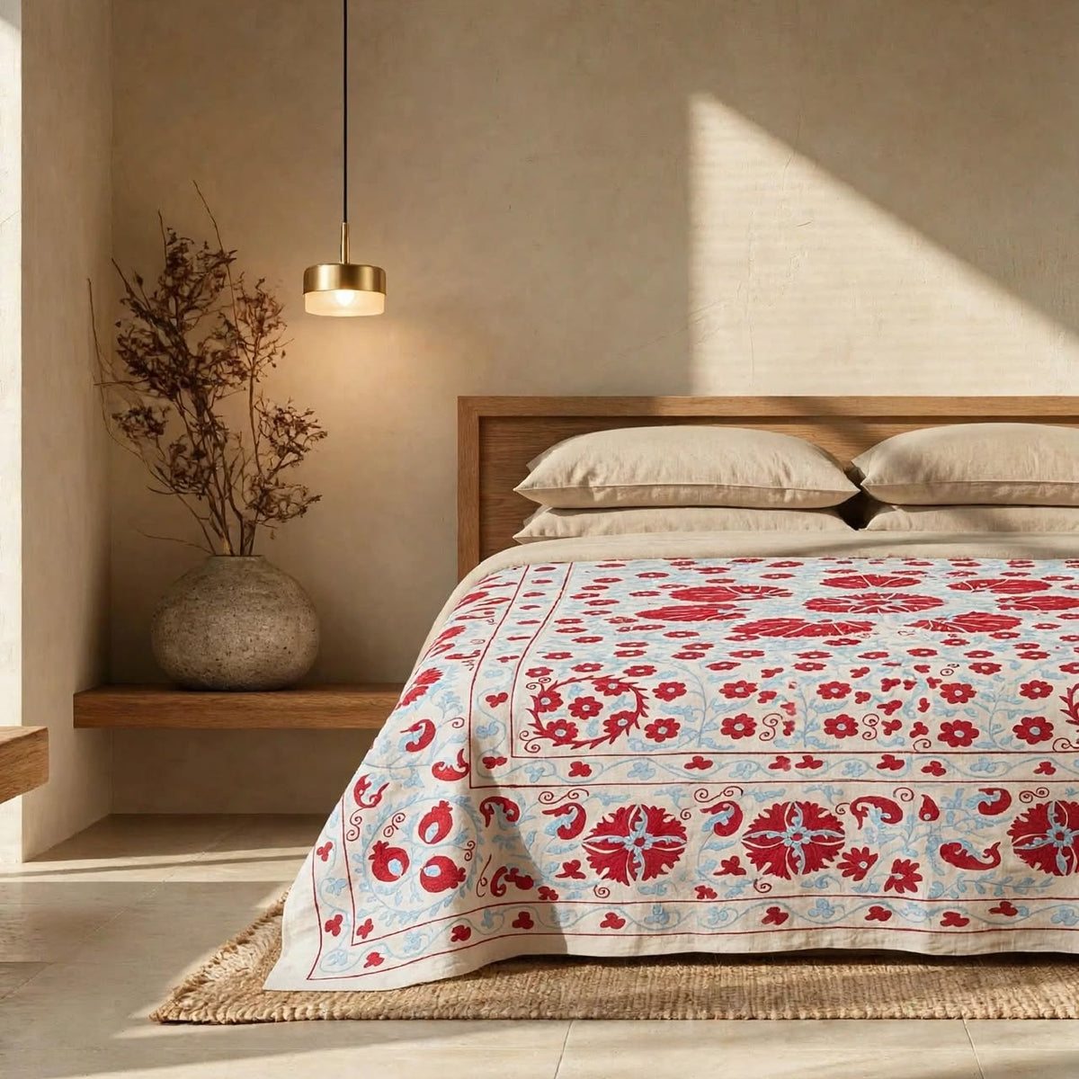 Uzbek Silk Suzani Tapestry,  Hand Embroidered Wall Hanging, Suzani Bedspread, Suzani Tablecloth 254x194 CM