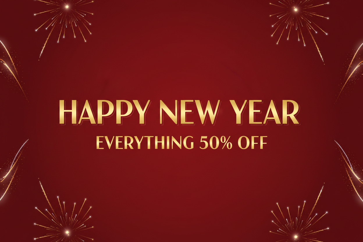 An image with deep red background, HAPPY NEW YEAR, EVERYTHING 50% OFF text in the middle, and minimalist sparks of fireworks to showcase celebration