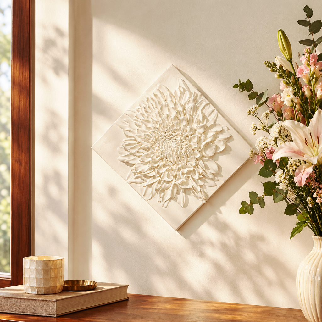 Textured White Floral Relief Wall Hanging Plaque 24x24 CM