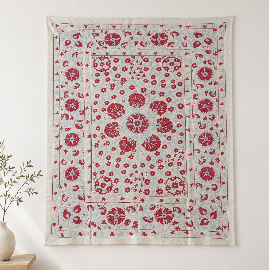 Uzbek Silk Suzani Tapestry,  Hand Embroidered Wall Hanging, Suzani Bedspread, Suzani Tablecloth 254x194 CM