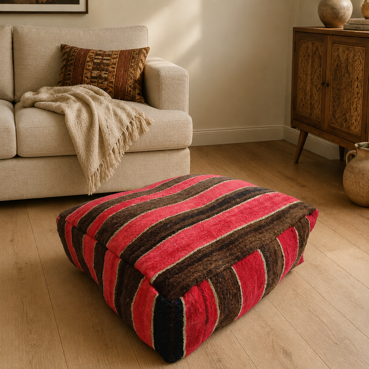 Handmade Moroccan Multicoloured Kilim Pouf 60x60x20 CM