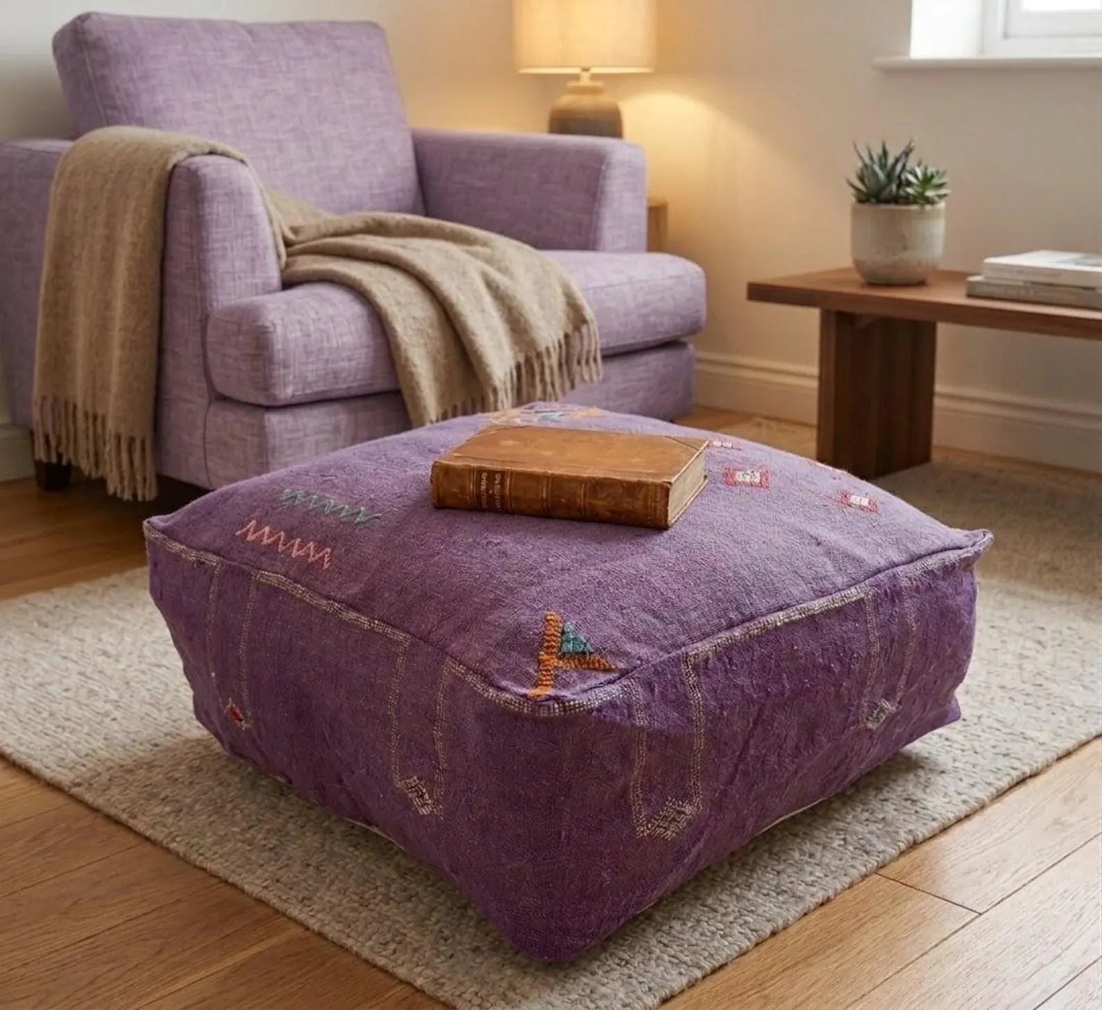 Handmade Moroccan Purple Cactus Silk Pouf 60x60x20 CM