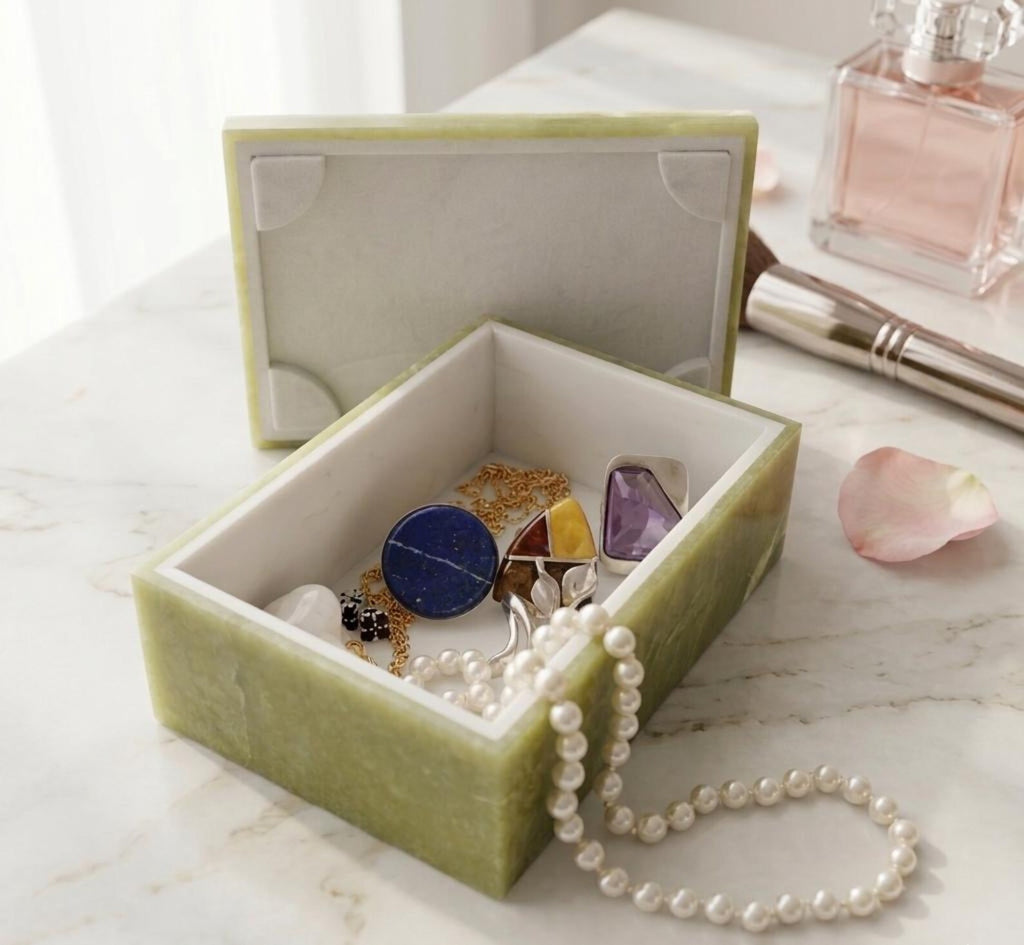 Afghan Handmade Serpentine & White Marble Jewellery Box 12.8x8.8 CM