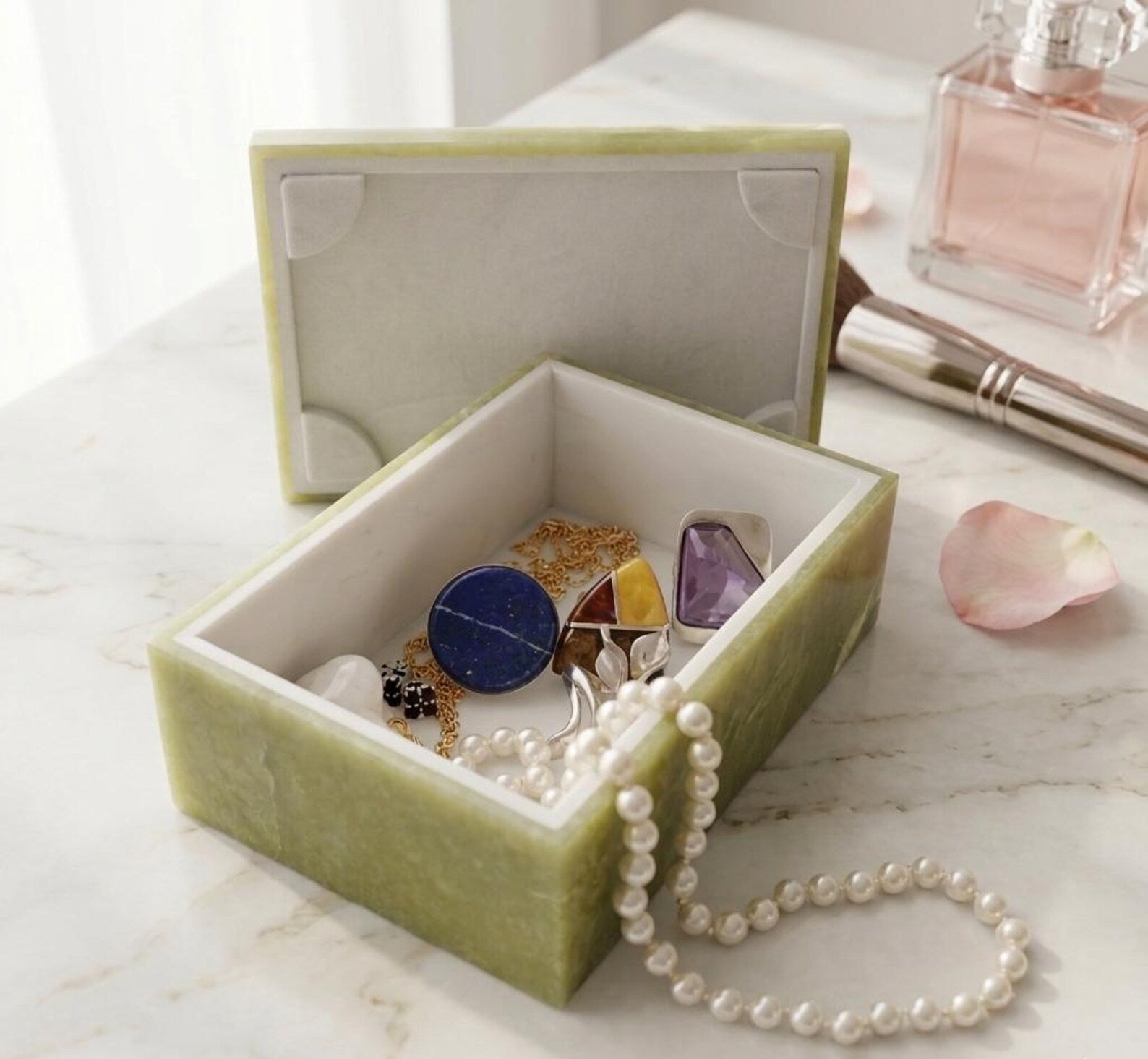 Afghan Handmade Serpentine & White Marble Jewellery Box 12.8x8.8 CM