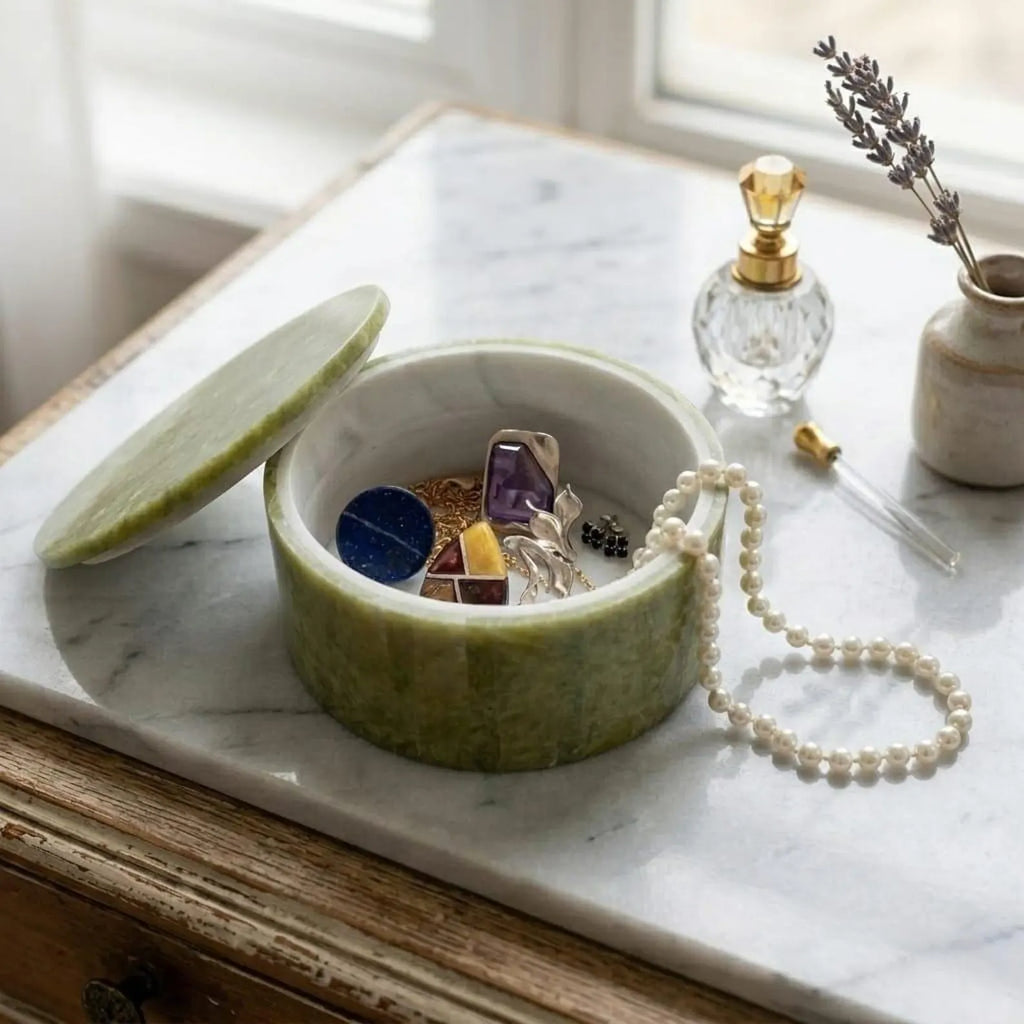 Afghan Handmade Serpentine & White Marble Jewellery Box 11.4x11.4 CM
