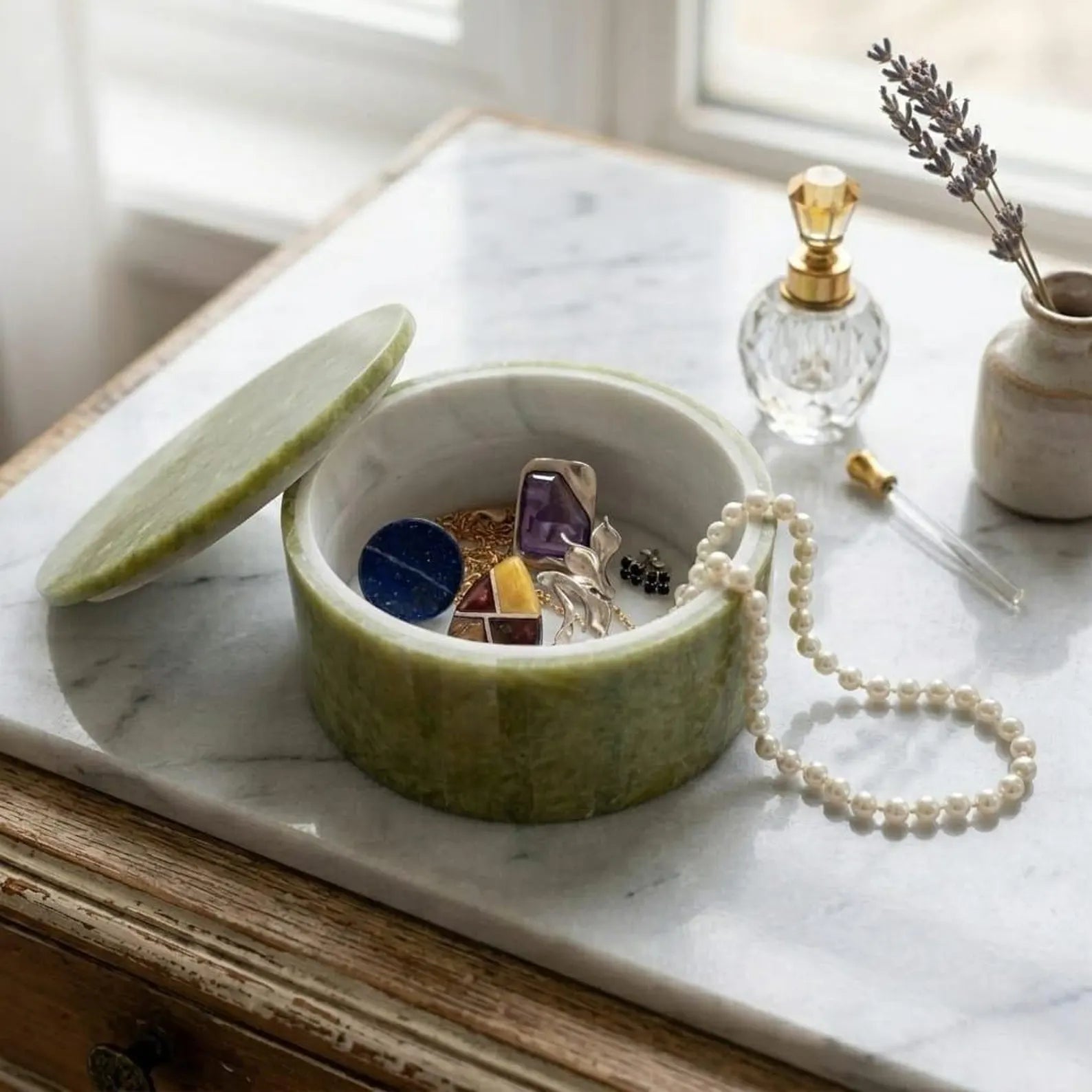 Afghan Handmade Serpentine & White Marble Jewellery Box 11.4x11.4 CM