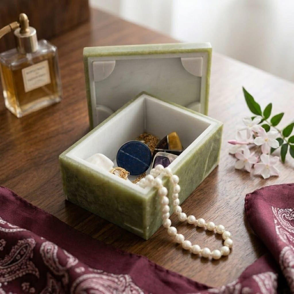 Afghan Handmade Serpentine & White Marble Jewellery Box 9.7x7.3 CM