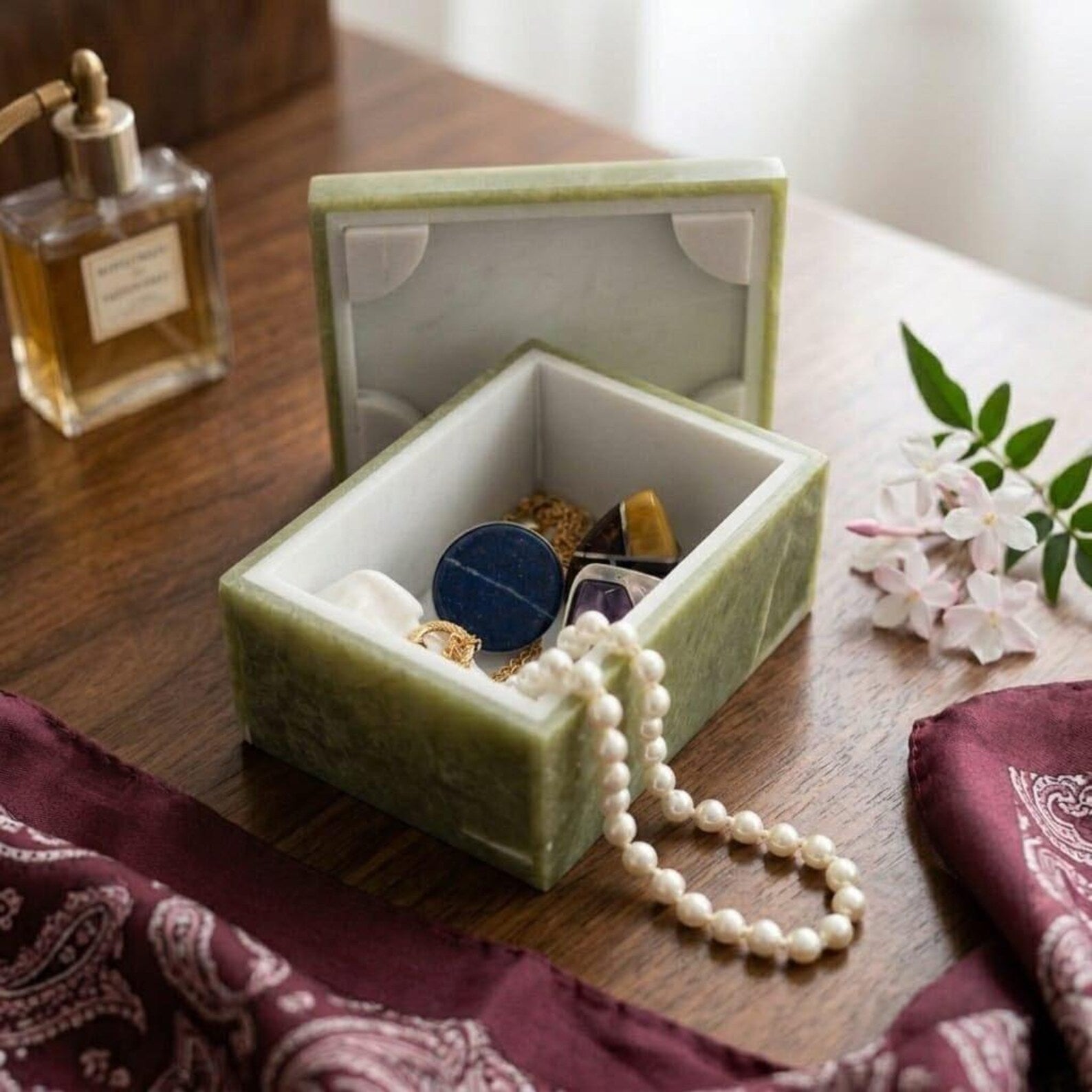 Afghan Handmade Serpentine & White Marble Jewellery Box 9.7x7.3 CM