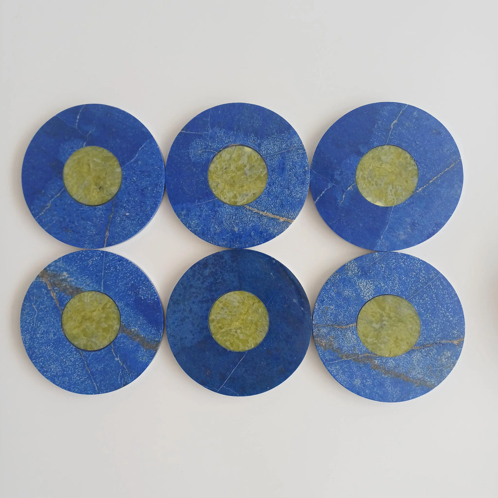Afghan Handmade Lapis Lazuli & Serpentine Drink Coaster Set 9x9 CM (Set of 6)
