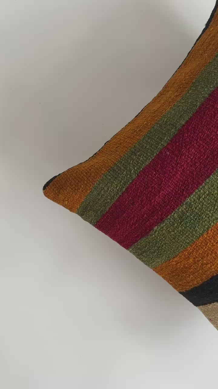 Handmade Multicolour Striped Turkish Rug Cushion Cover 18''x18'' / 45x44 CM