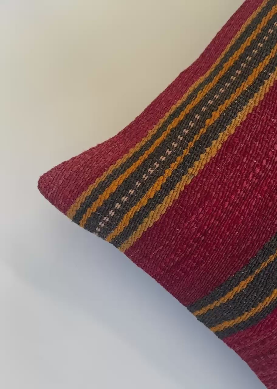 Handmade Striped Red Turkish Rug Cushion Cover 16''x16'' / 40x40 CM
