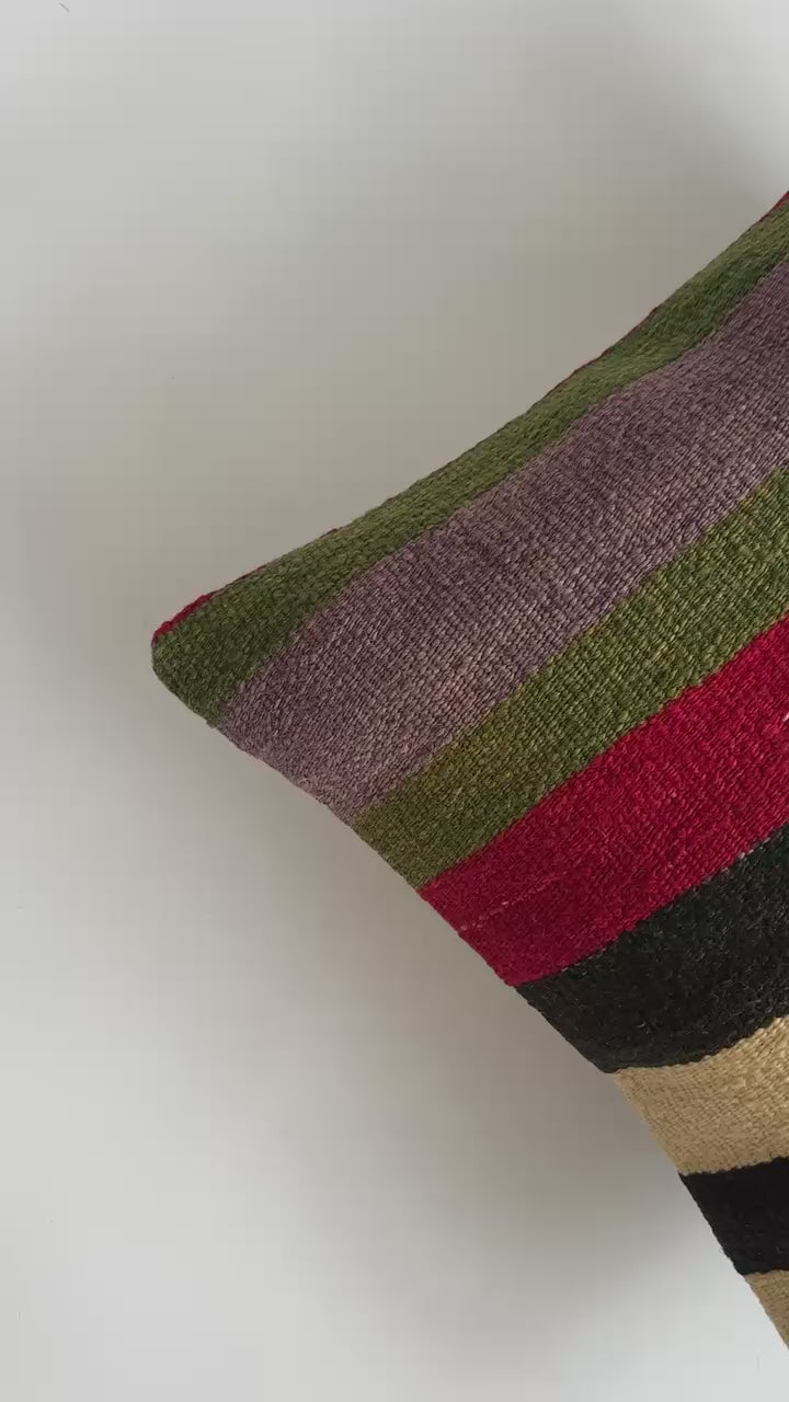Handmade Multicolour Striped Turkish Rug Cushion Cover 18''x18'' / 45x45 CM