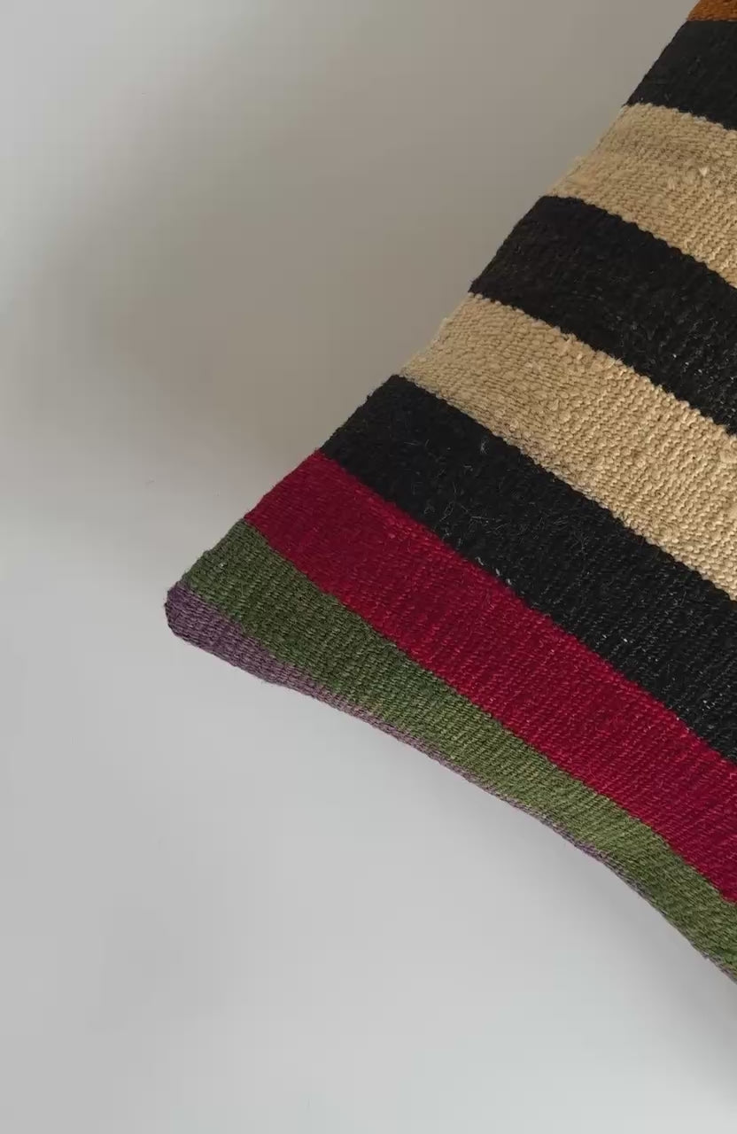 Handmade Striped Multicolour Turkish Rug Cushion Cover 18''x18'' / 45x44 CM