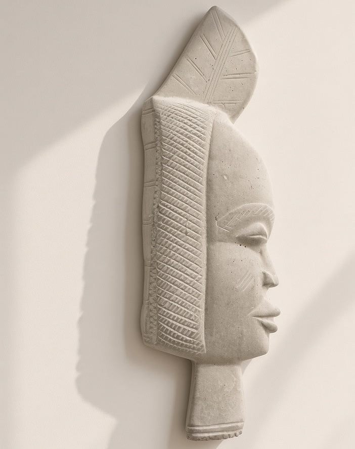 African Inspired Face Plaque, Sculptural Face Wall Hanging 26x9 CM